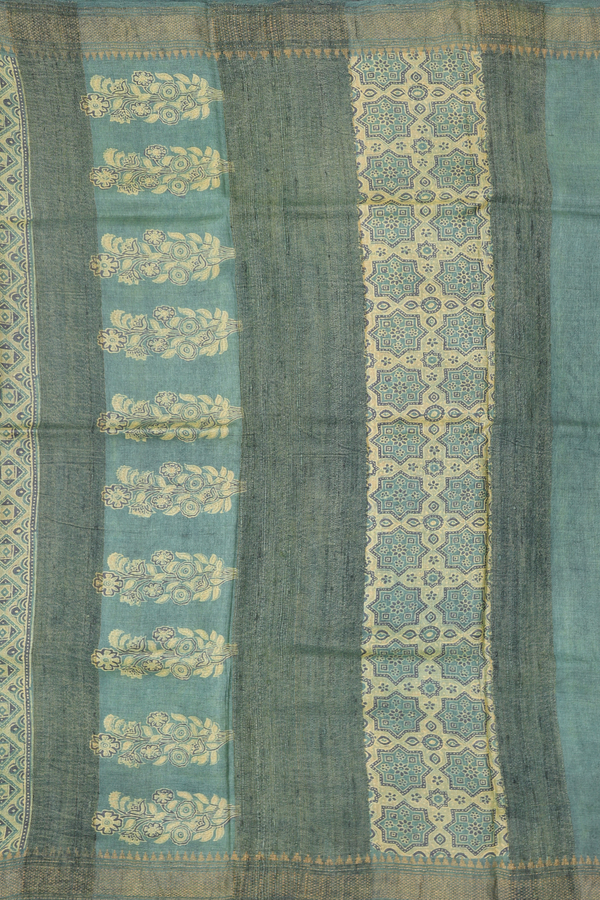Tussar Silk Saree In Greenish Grey With Printed Motifs