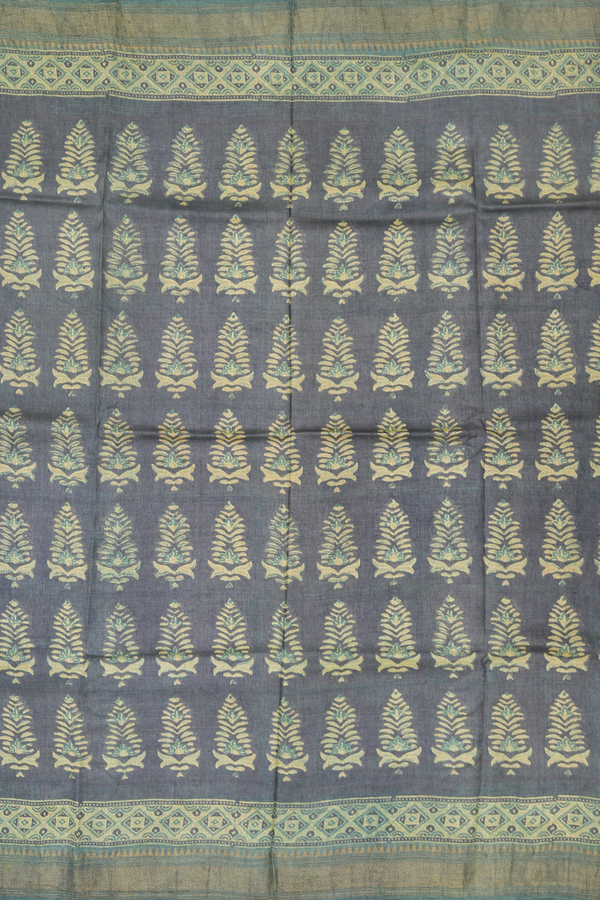 Tussar Silk Saree In Greenish Grey With Printed Motifs