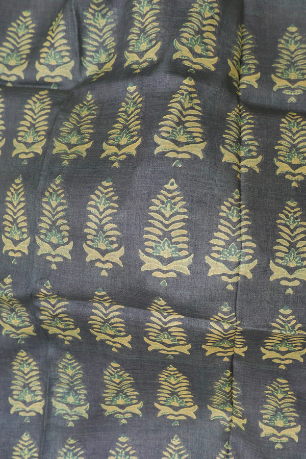 Tussar Silk Saree In Greenish Grey With Printed Motifs