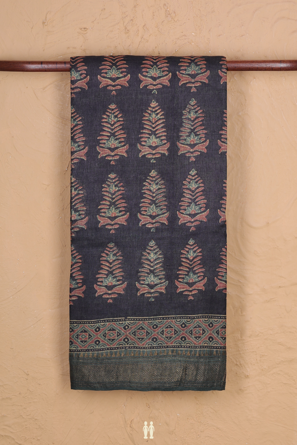 Tussar Silk Saree In Charcoal Grey With Printed Motifs