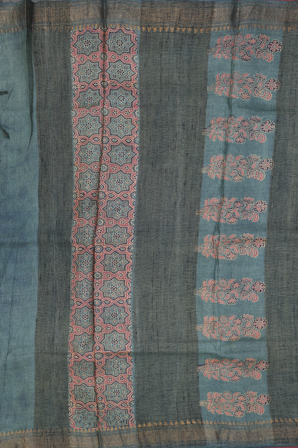 Tussar Silk Saree In Charcoal Grey With Printed Motifs