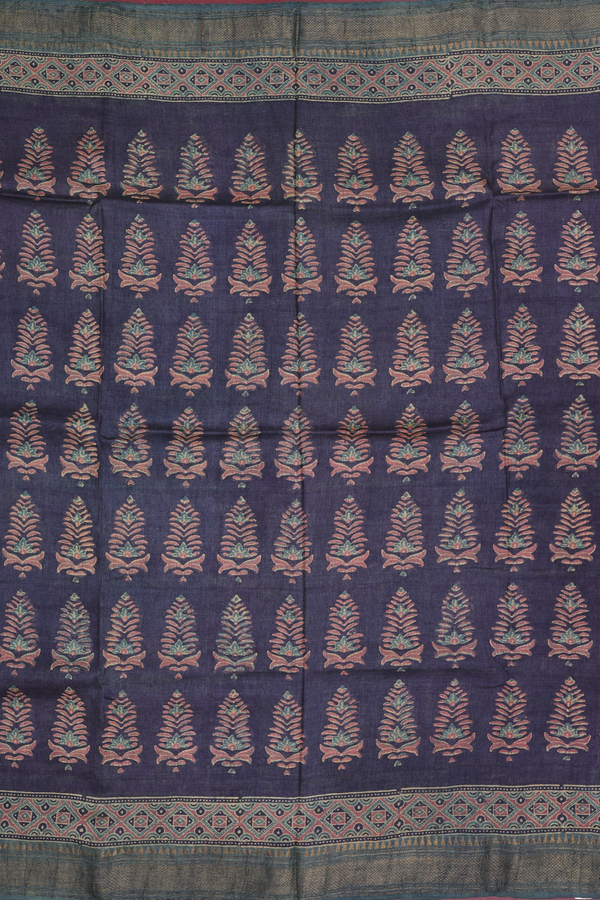 Tussar Silk Saree In Charcoal Grey With Printed Motifs