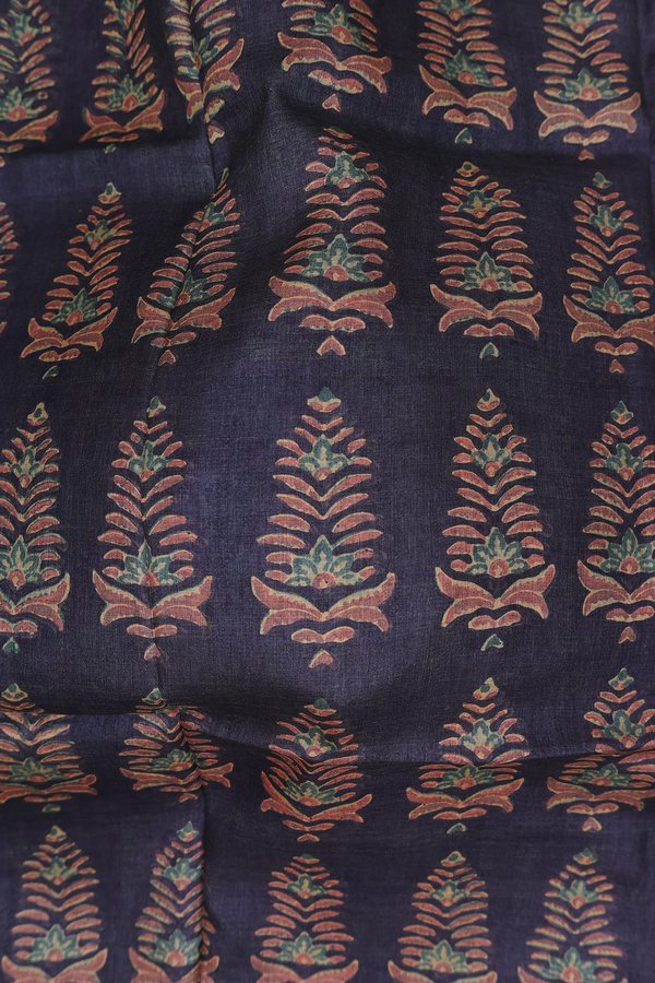 Tussar Silk Saree In Charcoal Grey With Printed Motifs