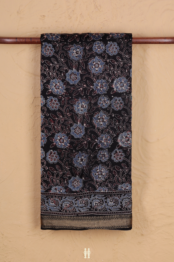 Chanderi Silk Cotton Saree In Black With Floral Design