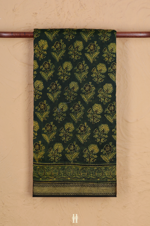 Chanderi Silk Cotton Saree In Dark Green With Floral Design