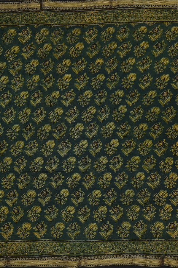 Chanderi Silk Cotton Saree In Dark Green With Floral Design
