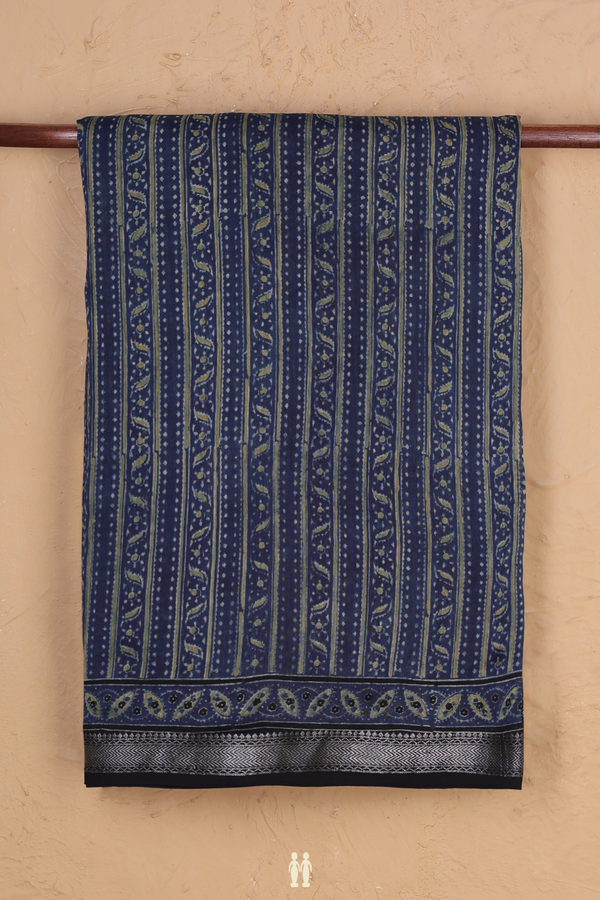Chanderi Silk Cotton Saree In Blue With Stripes Design