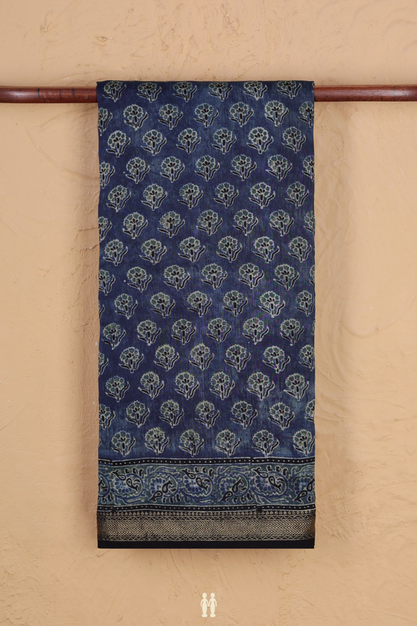 Chanderi Silk Cotton Saree In Oxford Blue With Floral Buttas