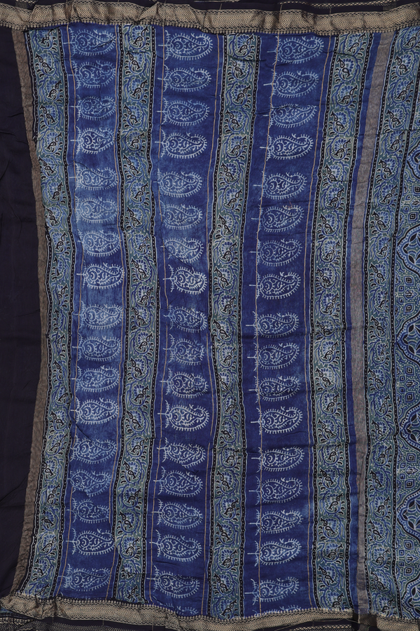 Chanderi Silk Cotton Saree In Oxford Blue With Floral Buttas