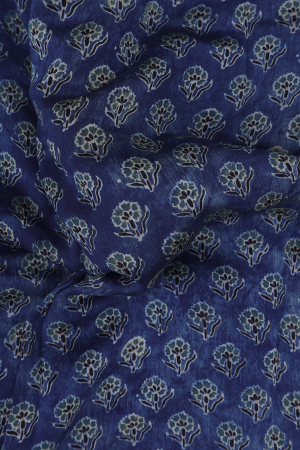 Chanderi Silk Cotton Saree In Oxford Blue With Floral Buttas