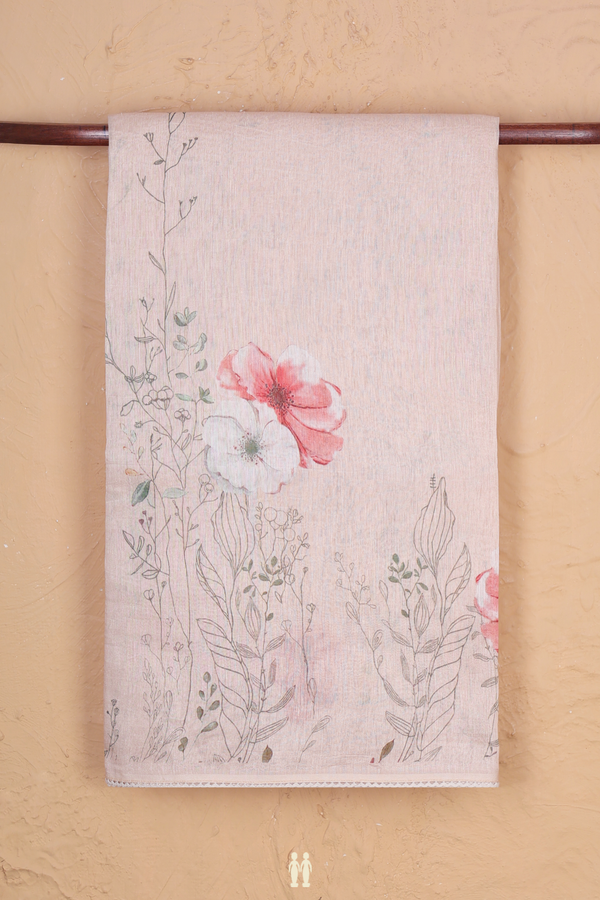 Linen Saree In Cream Color With Floral Border