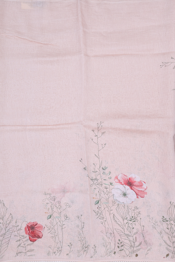 Linen Saree In Cream Color With Floral Border