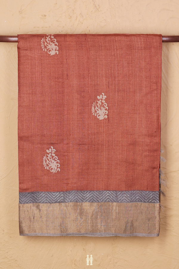 Tussar Silk Saree In Copper Brown With Printed Buttas