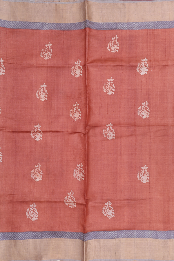 Tussar Silk Saree In Copper Brown With Printed Buttas