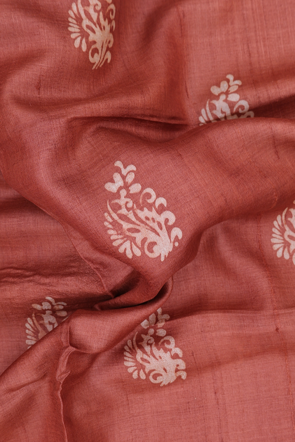 Tussar Silk Saree In Copper Brown With Printed Buttas