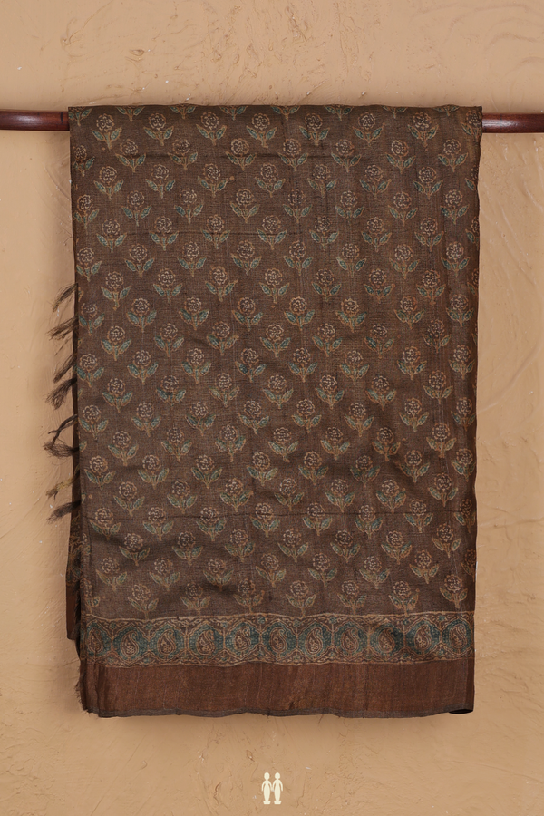 Tussar Silk Saree In Olive Brown With Floral Buttas