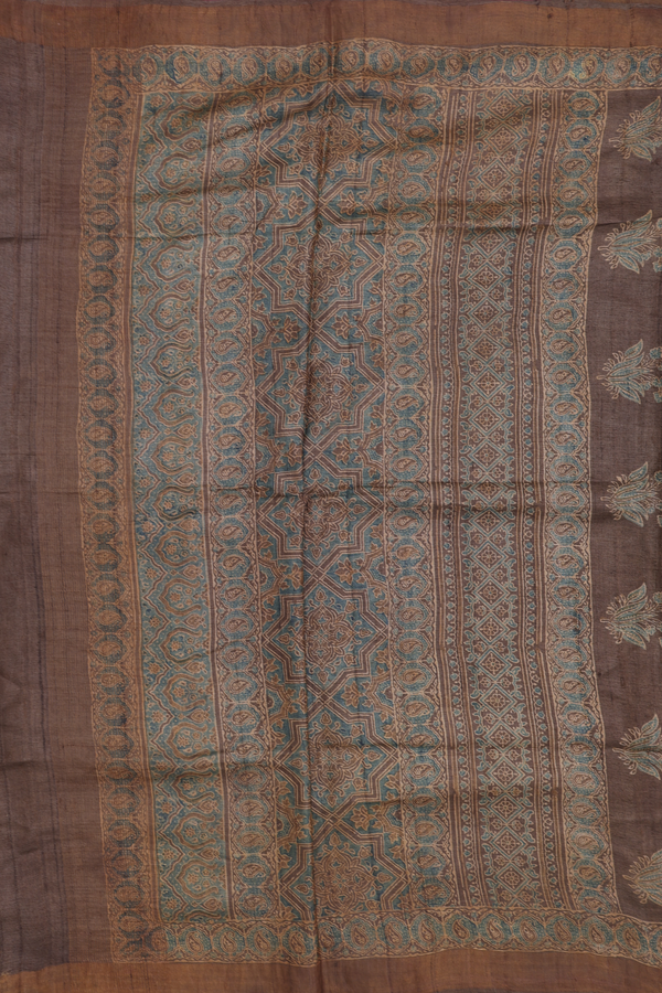 Tussar Silk Saree In Olive Brown With Floral Buttas
