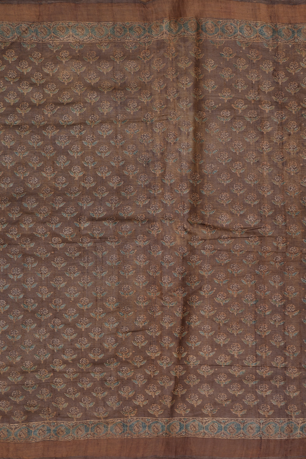 Tussar Silk Saree In Olive Brown With Floral Buttas