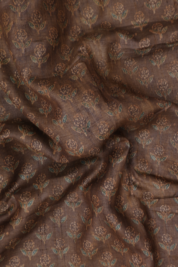 Tussar Silk Saree In Olive Brown With Floral Buttas