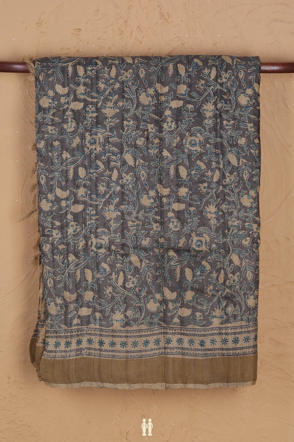 Tussar Silk Saree In Grey With Floral Design