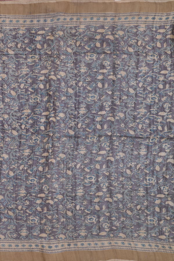 Tussar Silk Saree In Grey With Floral Design