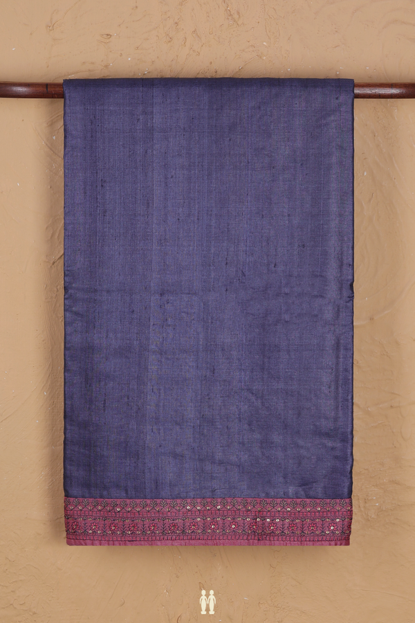Tussar Silk Saree In Greyish Blue With Contrast Border