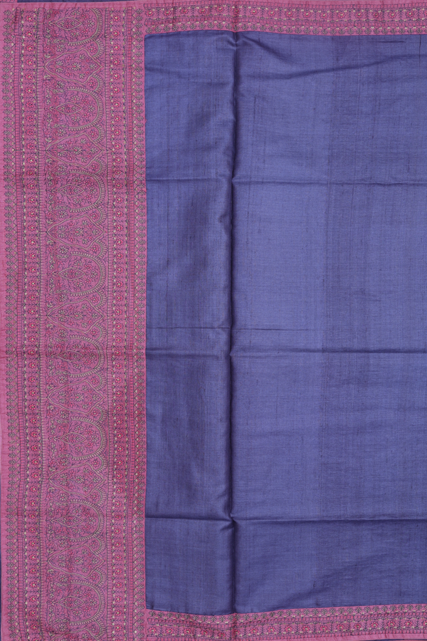 Tussar Silk Saree In Greyish Blue With Contrast Border