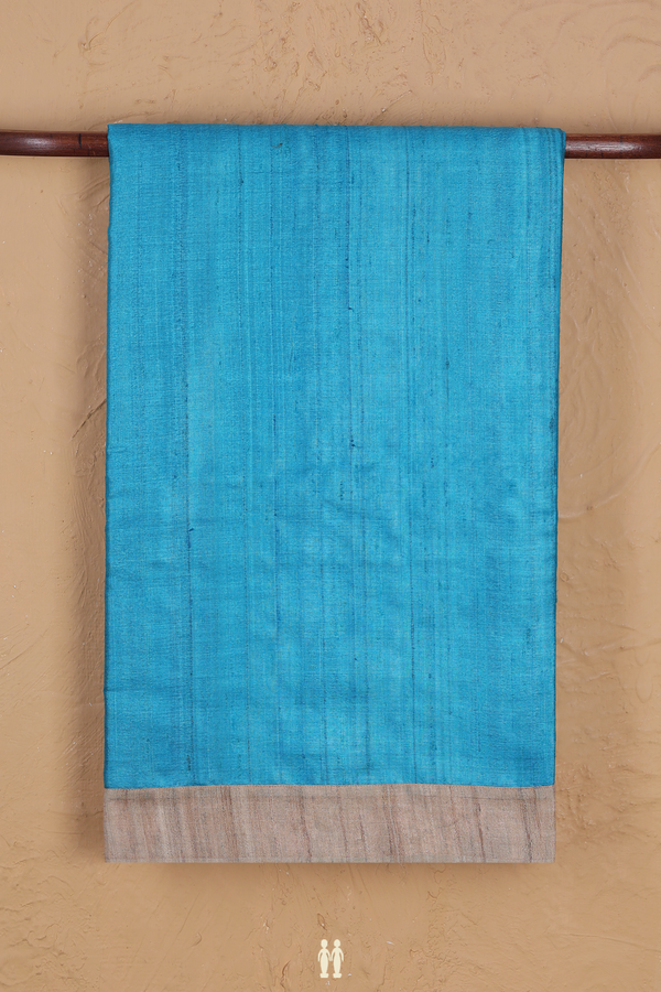 Tussar Silk Saree In Cerulean Blue With Contrast Border