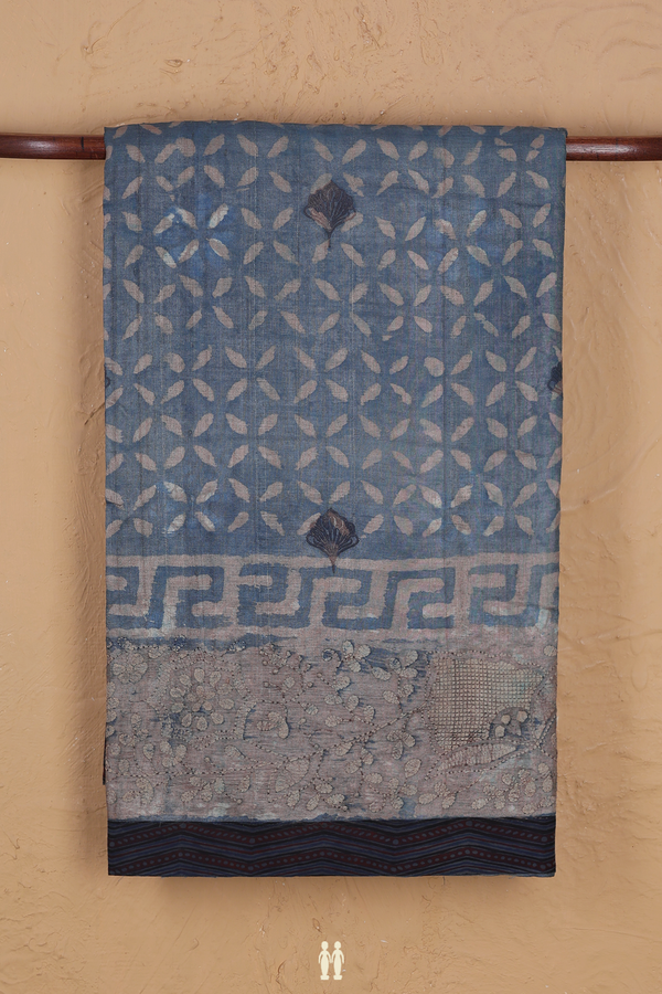 Tussar Silk Saree In Dusty Blue With Printed Design