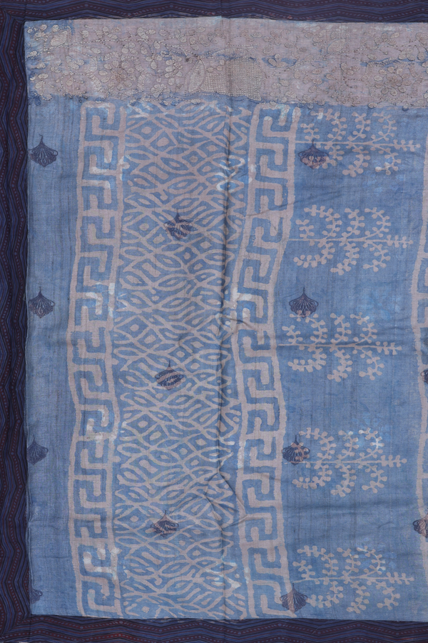 Tussar Silk Saree In Dusty Blue With Printed Design