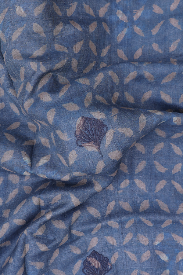 Tussar Silk Saree In Dusty Blue With Printed Design