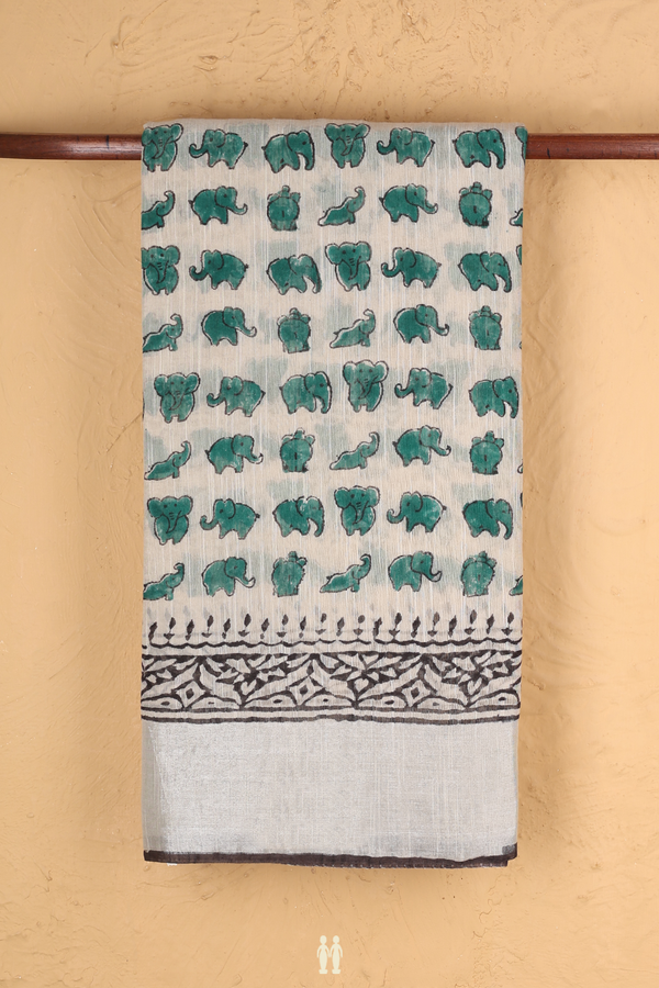 Jaipur Cotton Saree In Beige With Elephant Printed Design