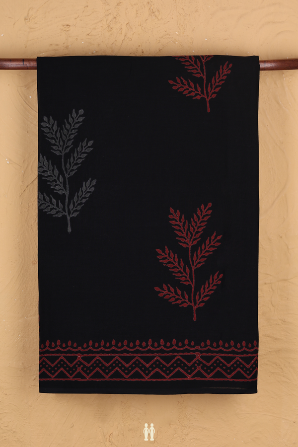 Jaipur Cotton Saree In Black With Leaf Printed Design