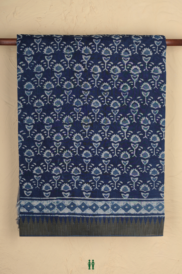 Jaipur Cotton Saree In Oxford Blue With Floral Design