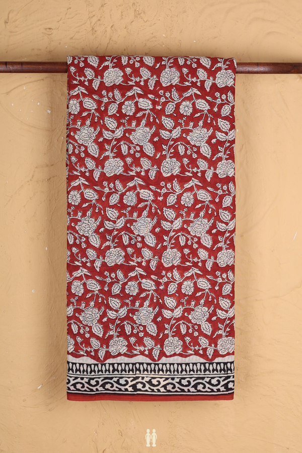 Jaipur Cotton Saree In Rust Red With Floral Design