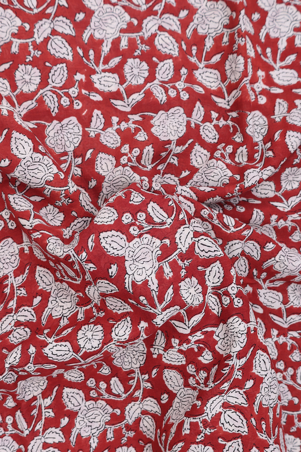 Jaipur Cotton Saree In Rust Red With Floral Design