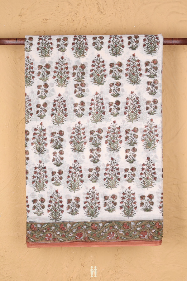 Jaipur Cotton Saree In White With Floral Printed Design