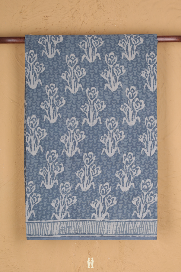 Jaipur Printed Cotton Saree In Aegean Blue With Floral Design