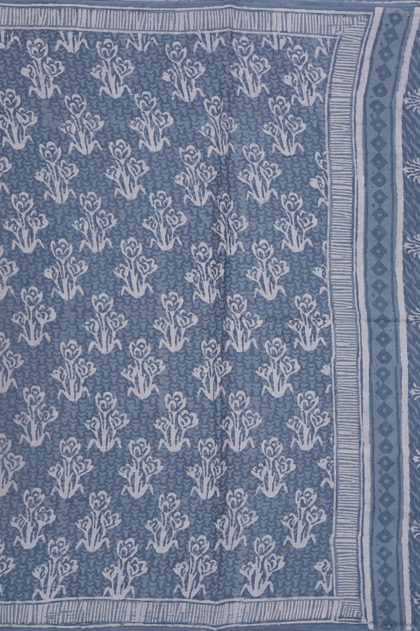 Jaipur Printed Cotton Saree In Aegean Blue With Floral Design