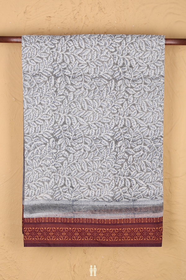Jaipur Printed Cotton Saree In Grey With Leaf Design