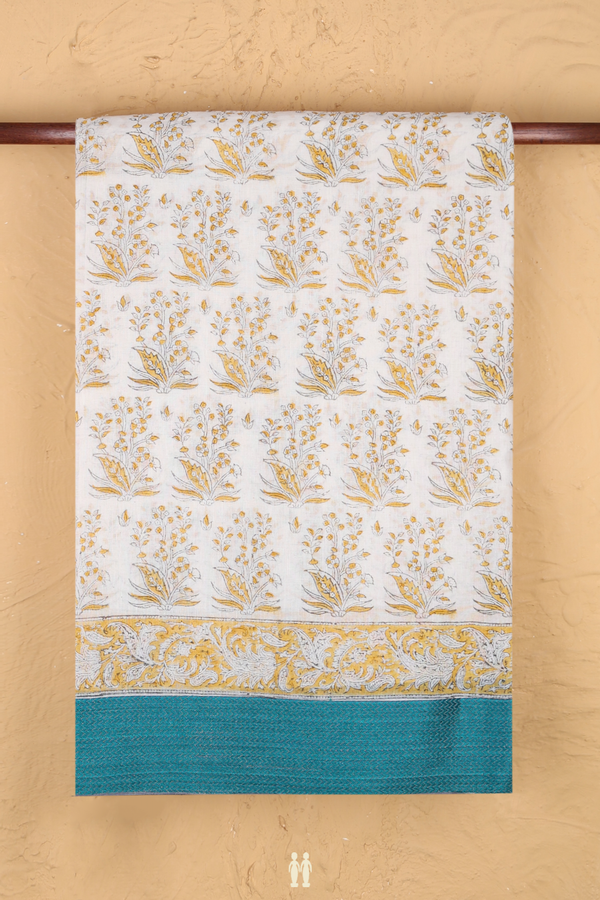 Jaipur Printed Cotton Saree In White With Floral Design
