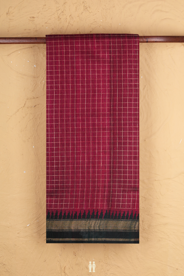 Jute Saree In Berry Purple With Checks Design