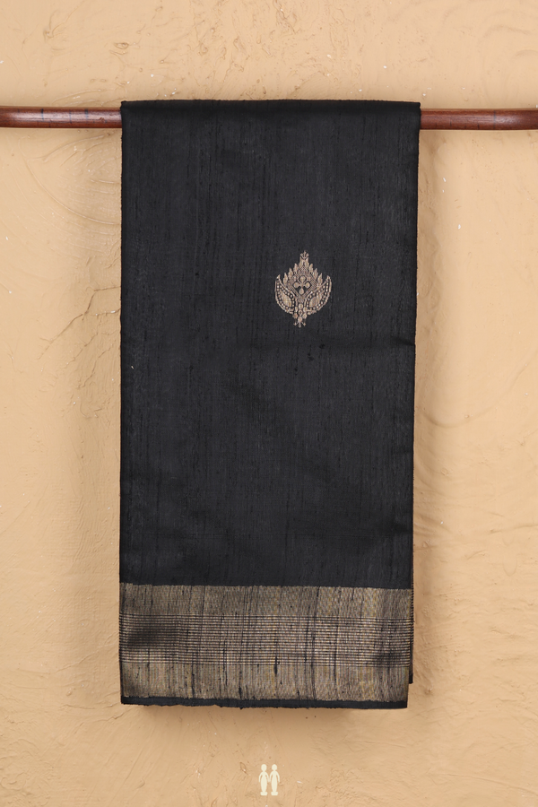 Jute Saree In Black With Zari Buttas
