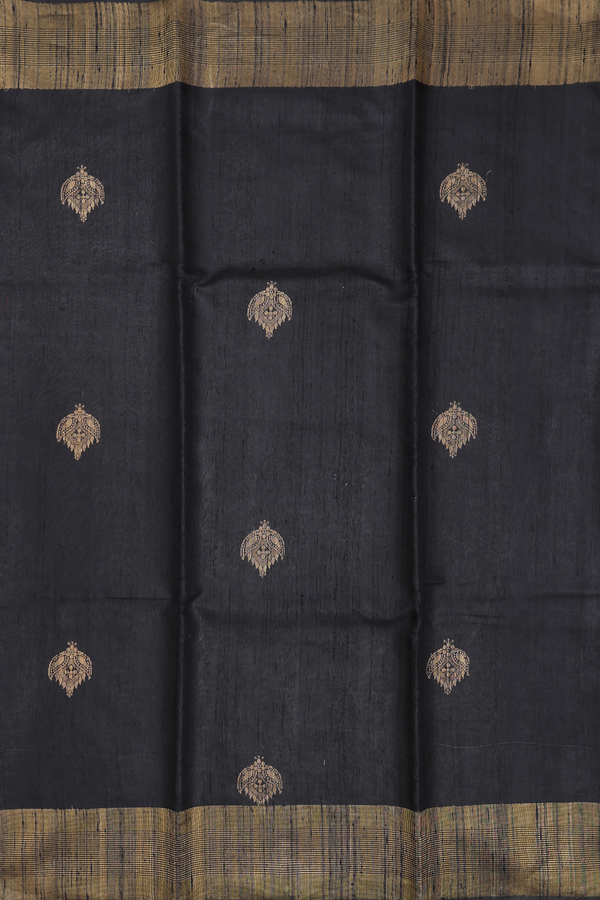 Jute Saree In Black With Zari Buttas