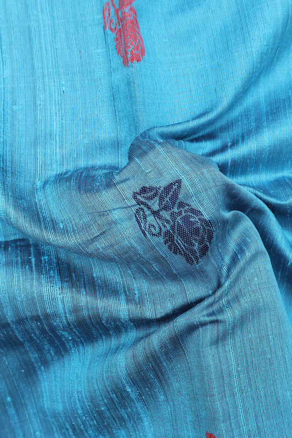 Jute Saree In Deep Sky Blue With Floral Motifs