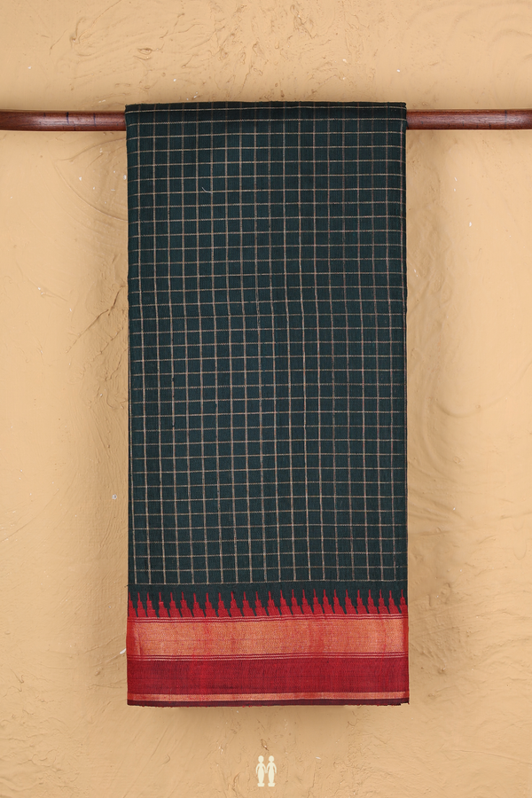 Jute Saree In Bottle Green With Checks Design