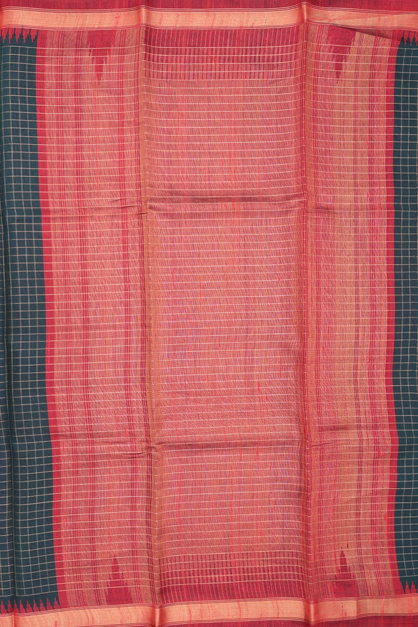 Jute Saree In Bottle Green With Checks Design