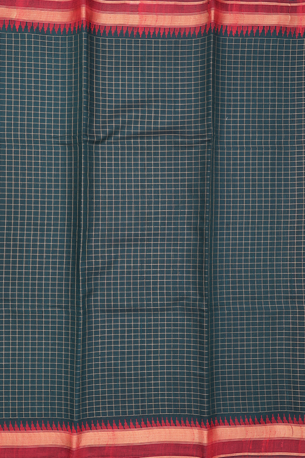 Jute Saree In Bottle Green With Checks Design