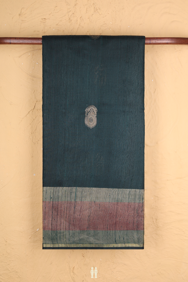 Jute Saree In Bottle Green With Zari Buttas