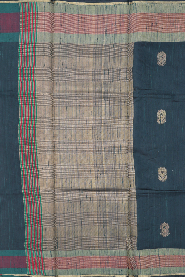 Jute Saree In Bottle Green With Zari Buttas